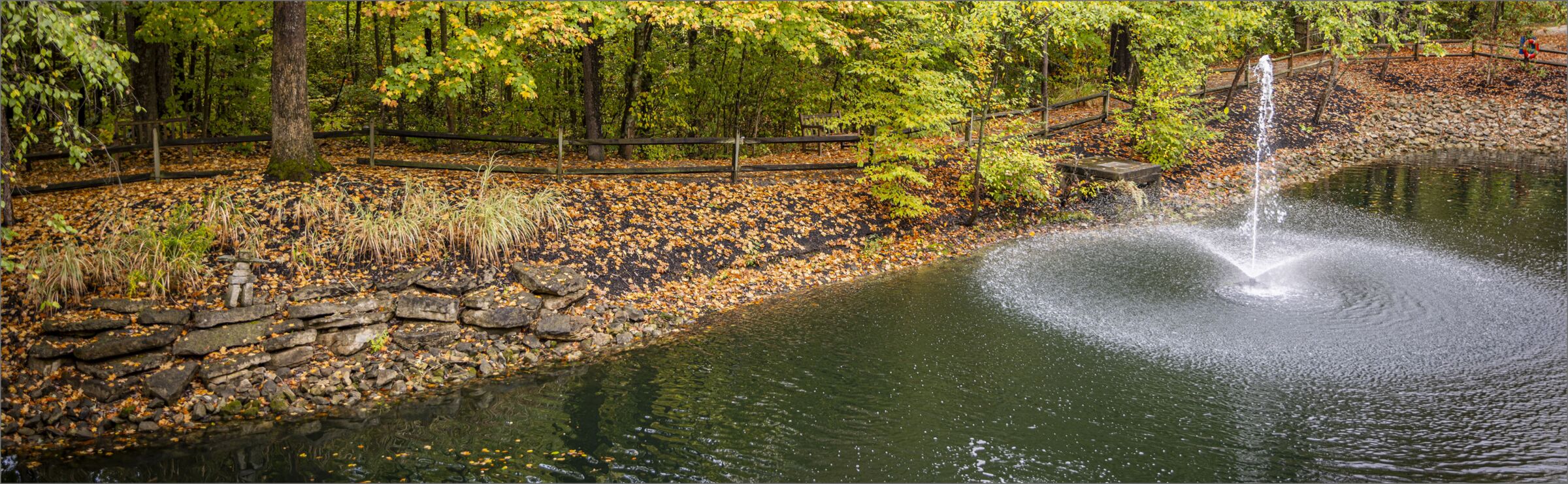 Pond and fountain on the Willow Brook campus in Delaware, Ohio, used as the hero image on the News and Events page.