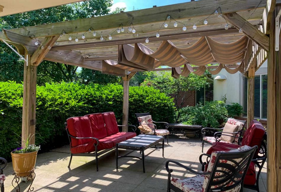A beautiful patio seating area outside the assisted living at Willow Brook Christian Home