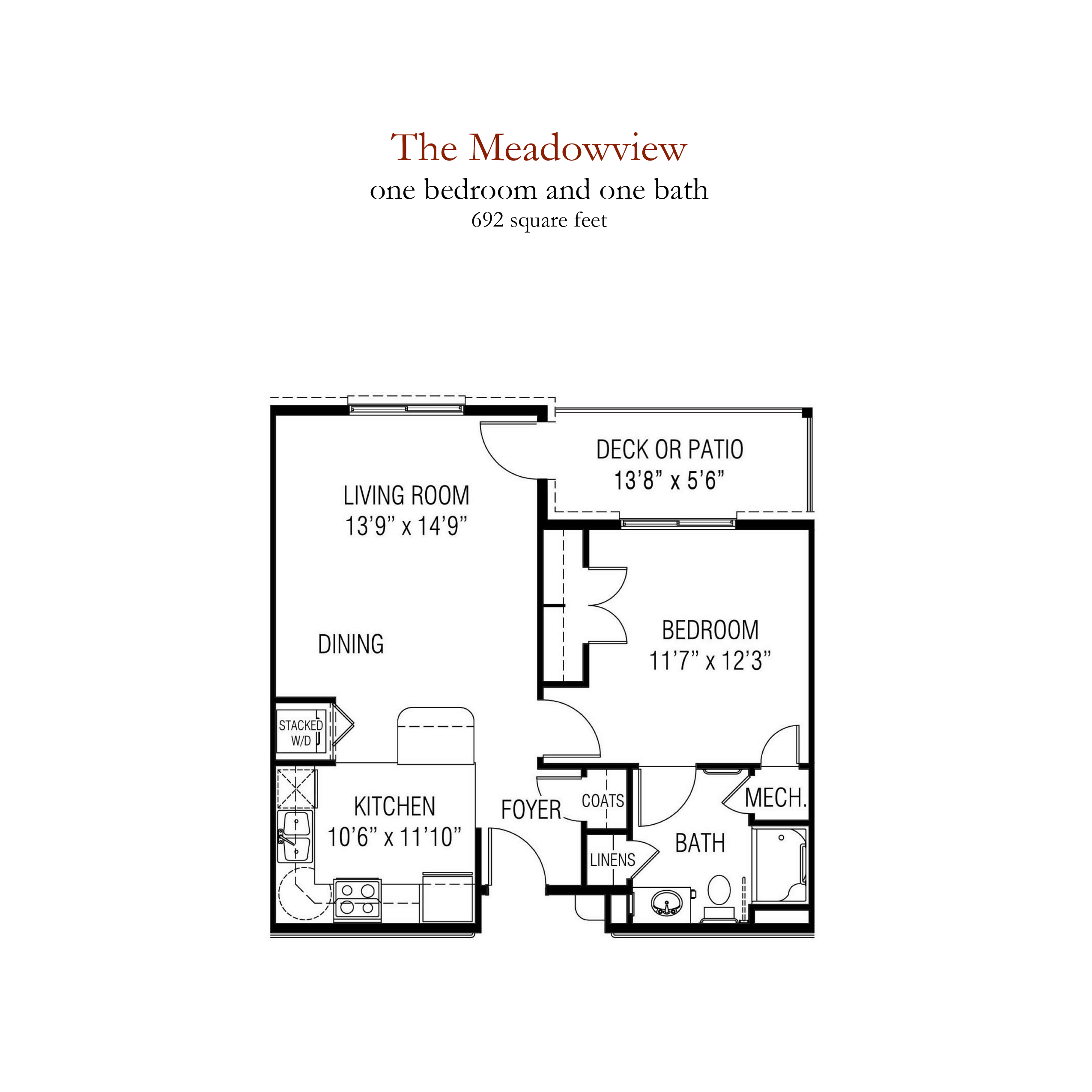 The Meadowview senior living - 1 bedroom and 1 bathroom floor plan