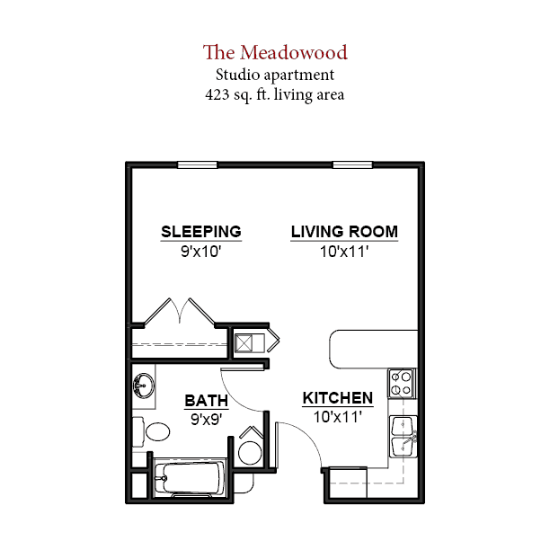 The Meadowood senior living - 1 bedroom and 1 bathroom floor plan