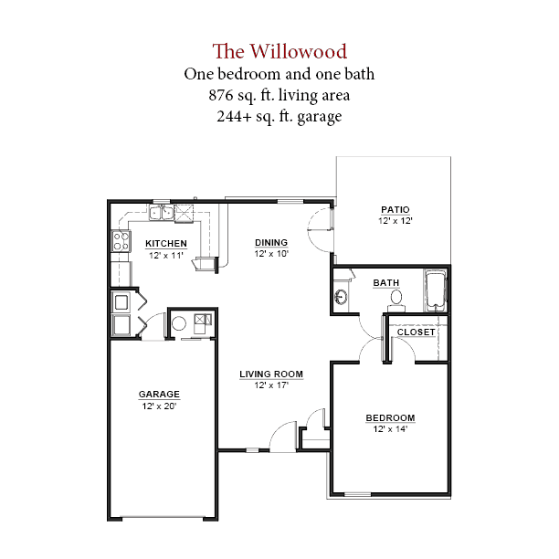 The Willowood senior living - 1 bedroom and 1 bathroom floor plan